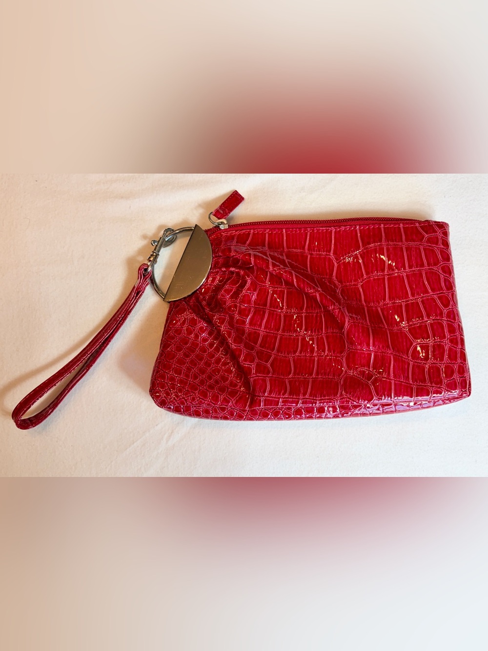 Faux Alligator Clutch Red Leather Animal Print 8” 4.5" Wristlet Bag Lulu Silver
